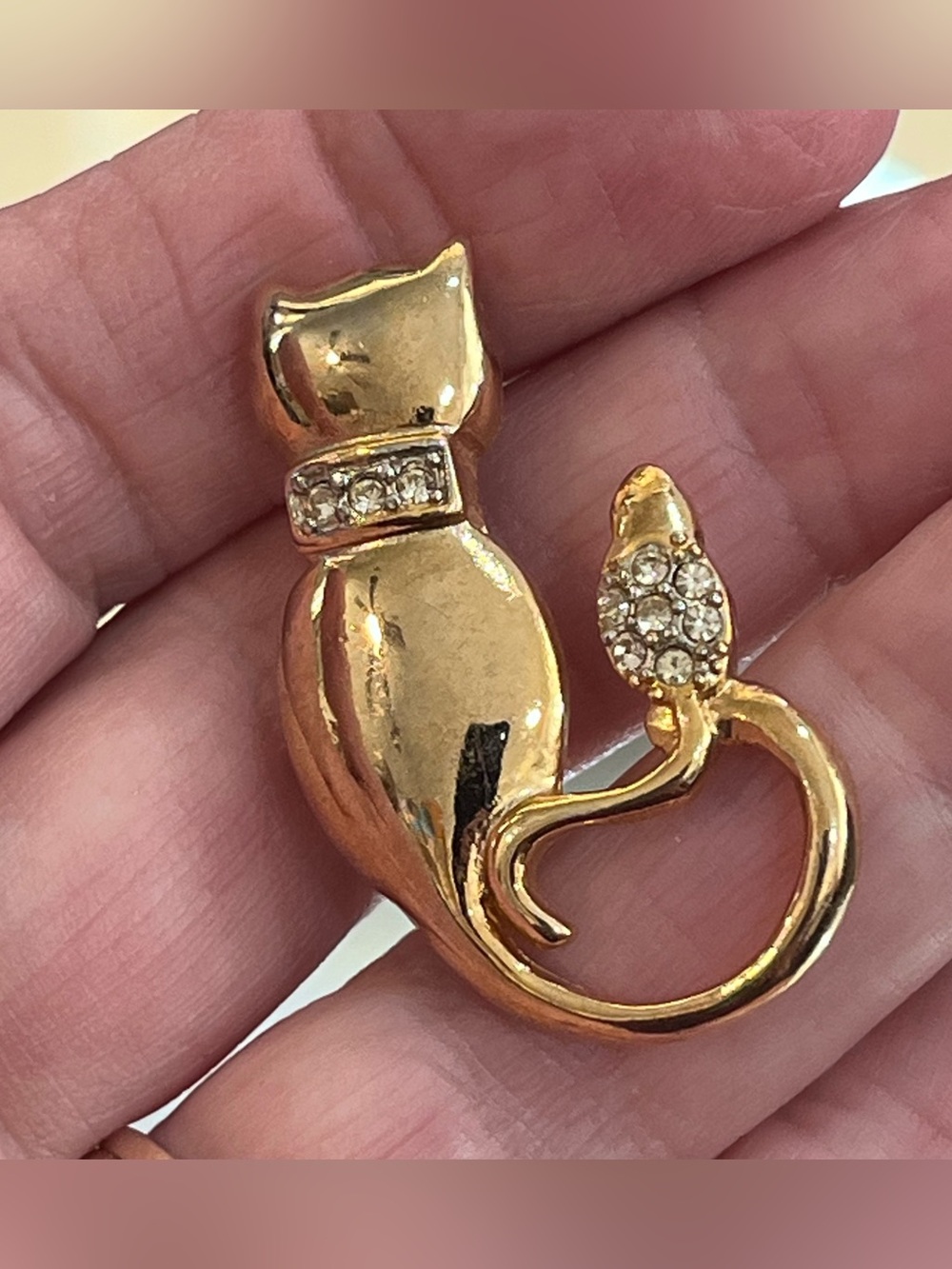 Vintage Gold-Tone Cat and Mouse Brooch, Rhinestone Collar, Rhinestone Mouse